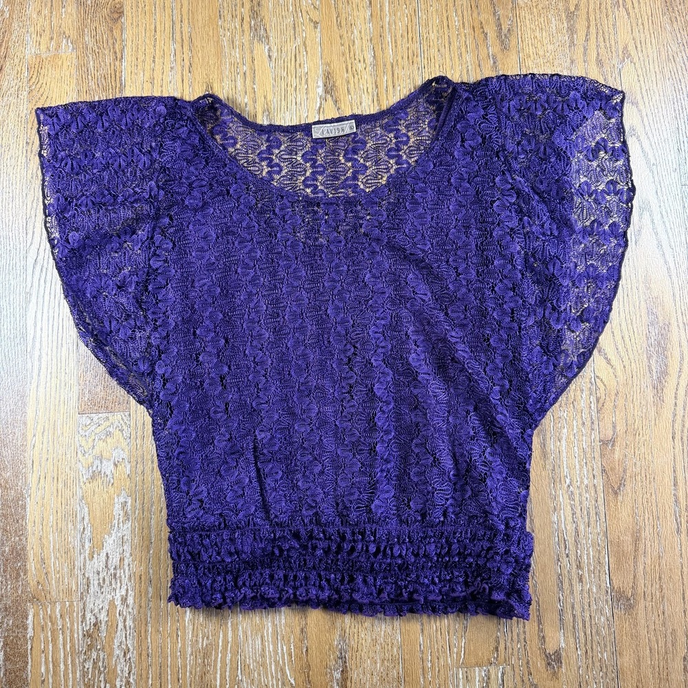 Lavish Blouse Womens Large Purple Lace Flutter Sleeve Cropped Sheer Whimsygoth